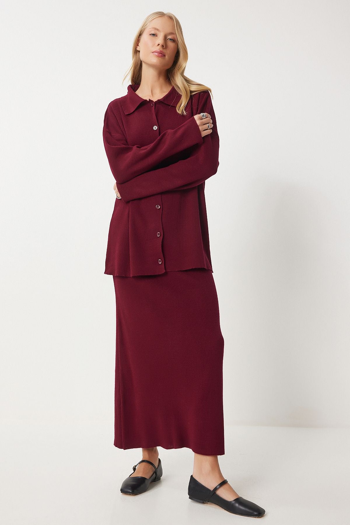 Female Bordeaux Polo Yaka knitwear cardigan skirt set PF00090