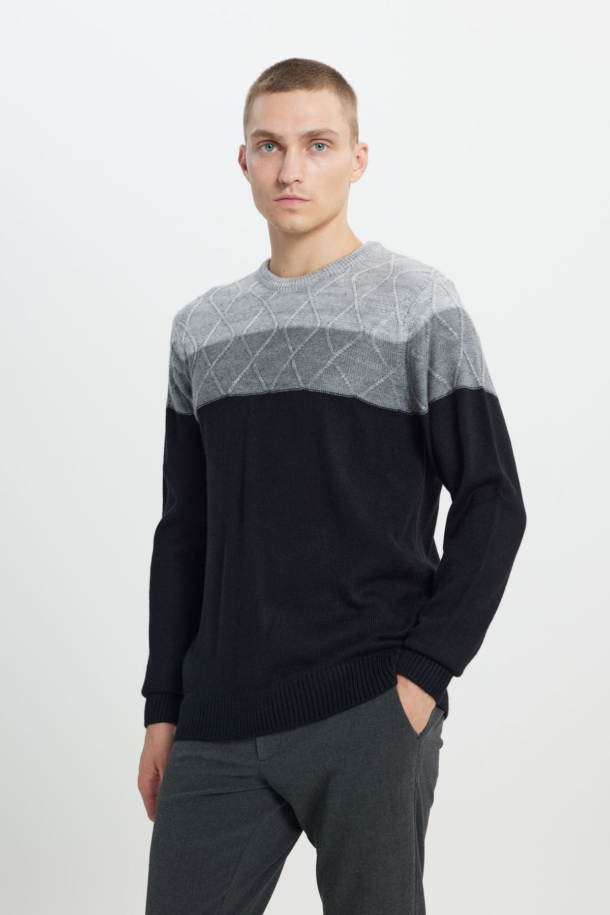 Men's Gray-Black Standard Fit Normal Cut Normal Class Colorblock Patterned Knitwear Kazakh