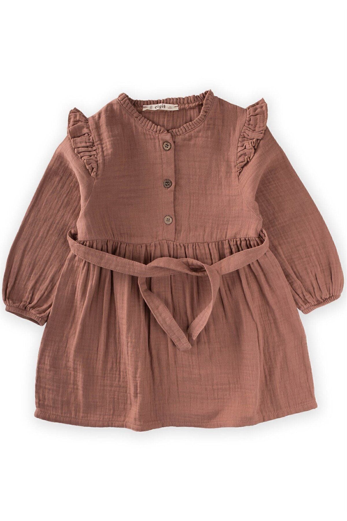 Ruffle detailed muslin dress 2-8 years old brown coffee