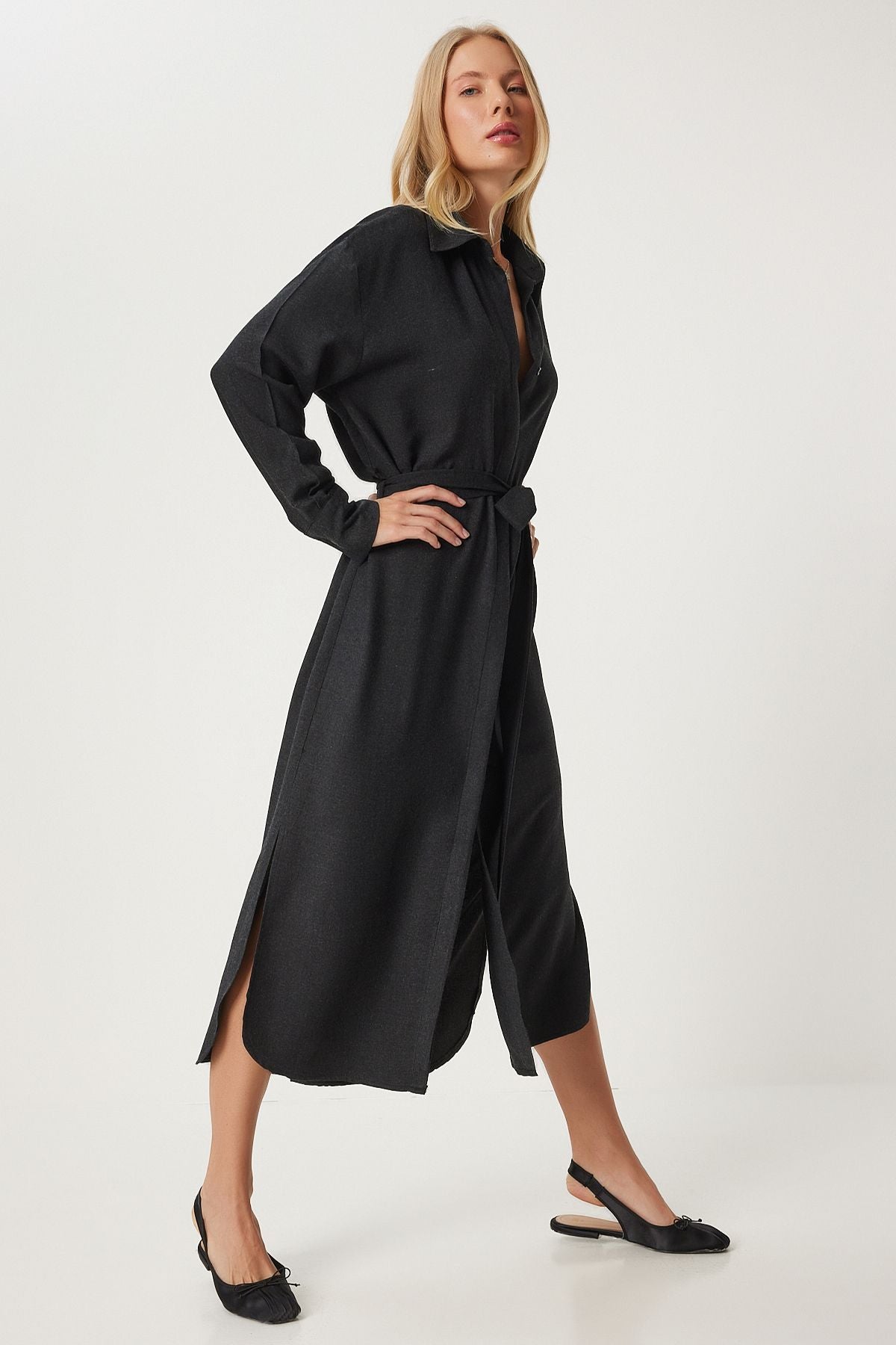 Women's black slit belt long shirt dress FN03314