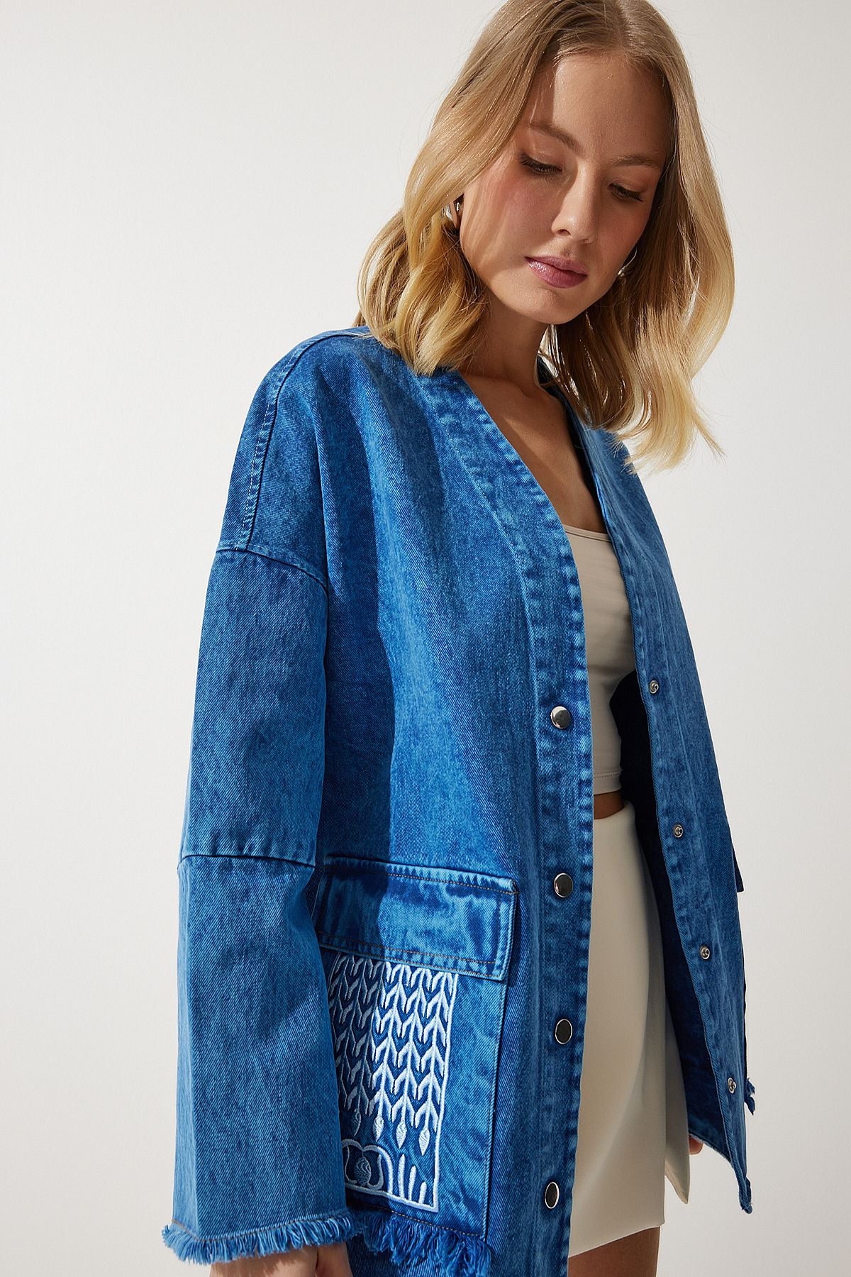 Women's Blue Embroidery Detailed Oversize denim jacket sa00029