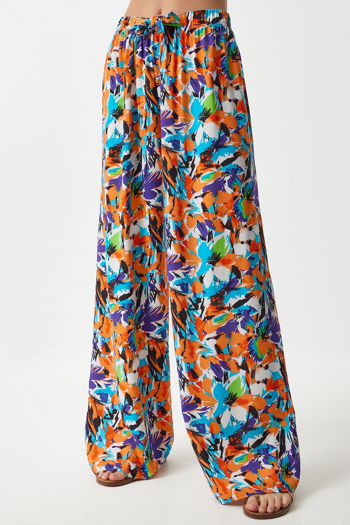 Woman Sky Blue Orange Patterned Viscose Palazzo Pants EN00606
