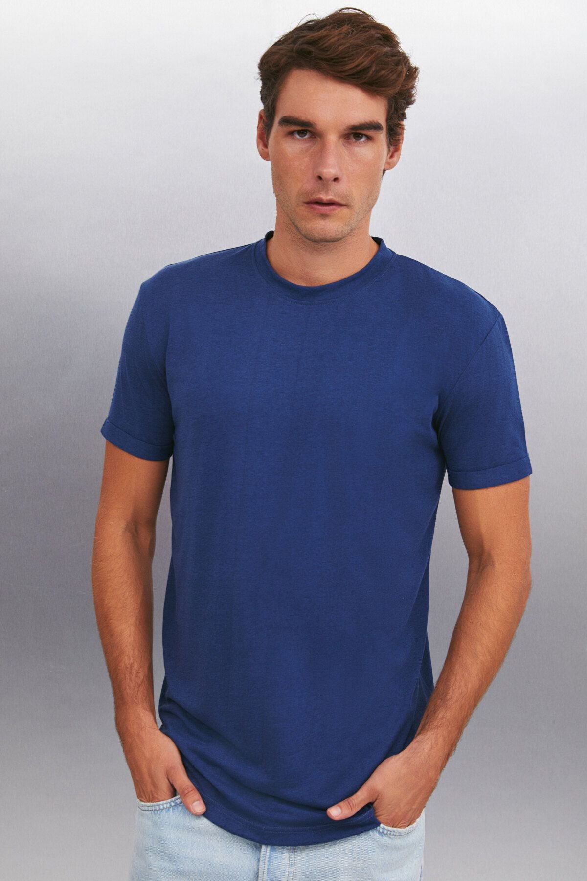 Oscar Men's 100 %Organic Cotton Comfort Fit Long Fabric Dark Blue T-Shirt