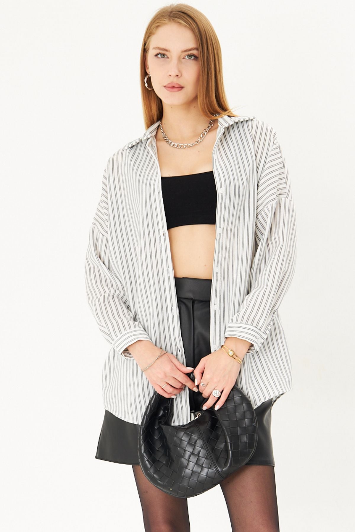 Woman White-Black Fine Striped Oversize Long Basic Shirt ARM-221185