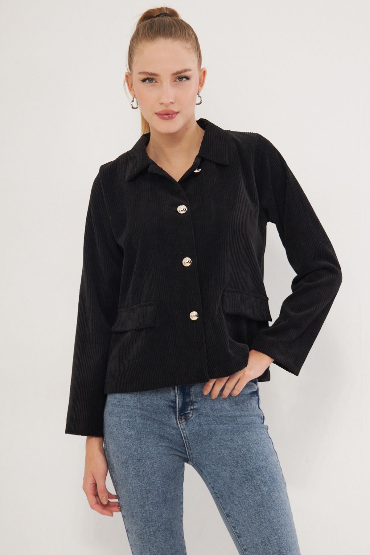 Woman Black Pocket Cover Velvet Jacket ARM-25K001037