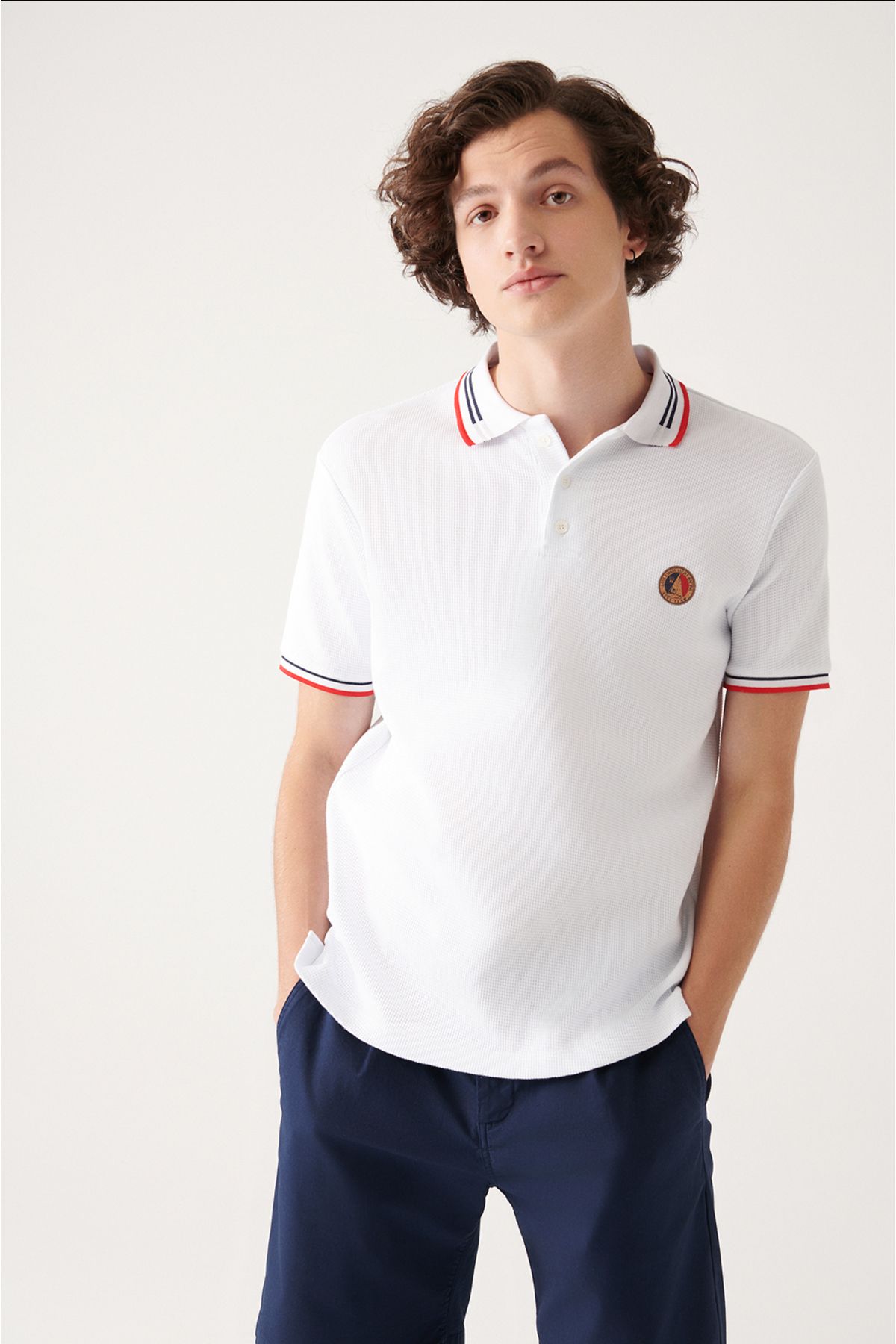 Men's White 100 %Cotton Marinated Polo Yaka T-shirt A31y1035