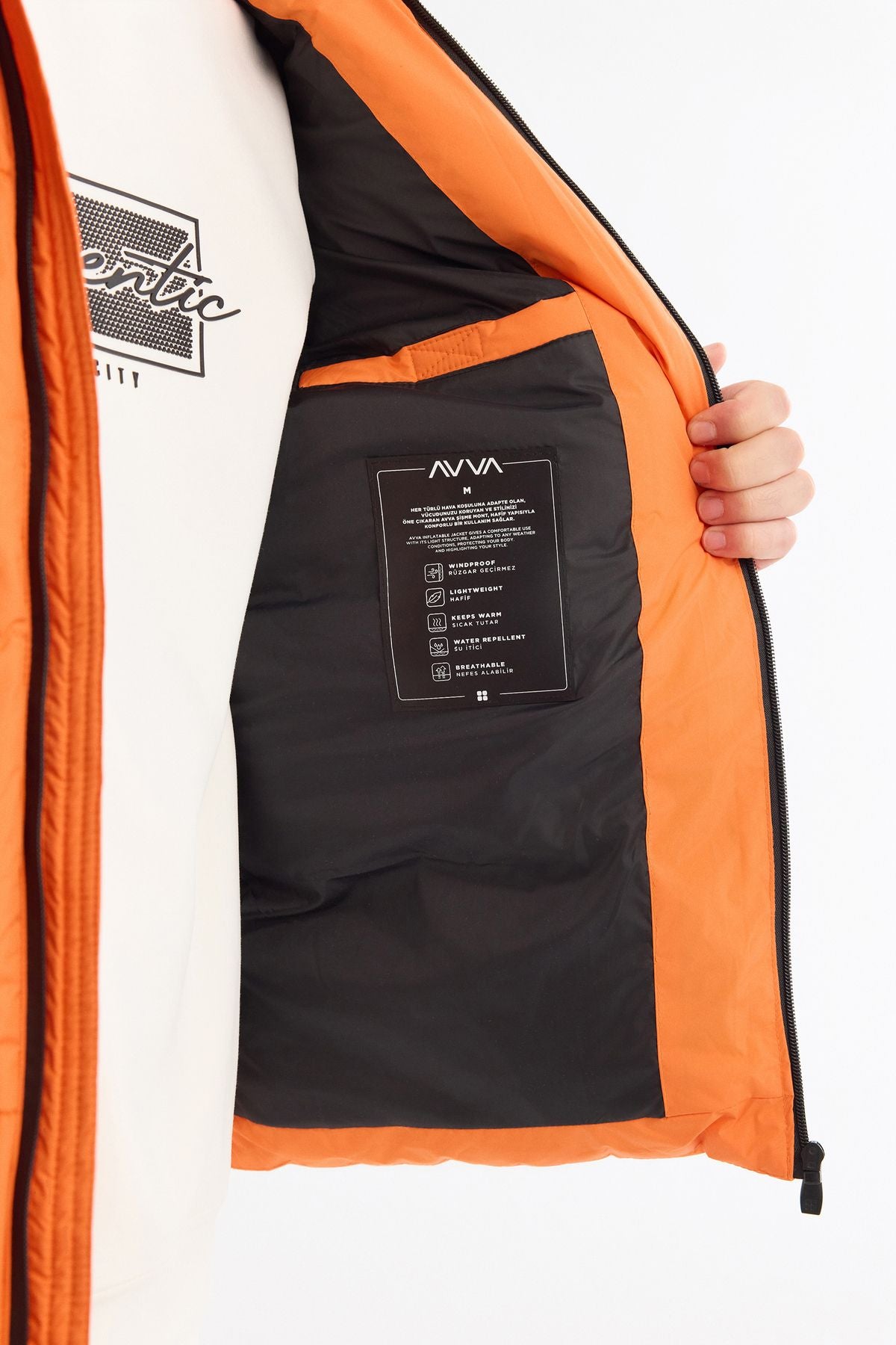 Men's Orange Hooded Water Protector Windproof Inflatable Coat B006046