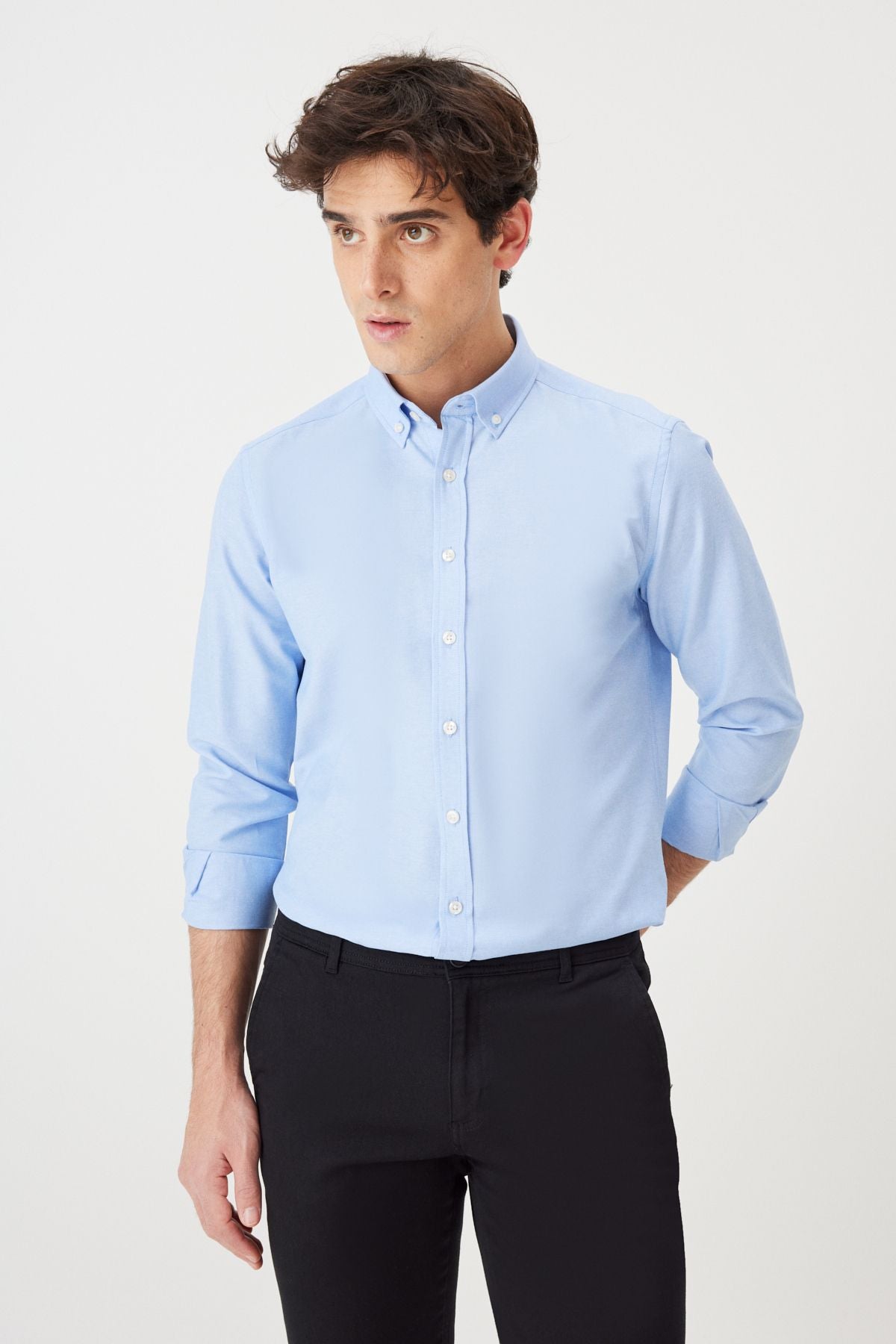 Men's White-Blue 2 Piece Cotton Oxford Easy ironable slim fit narrow cut shirt package
