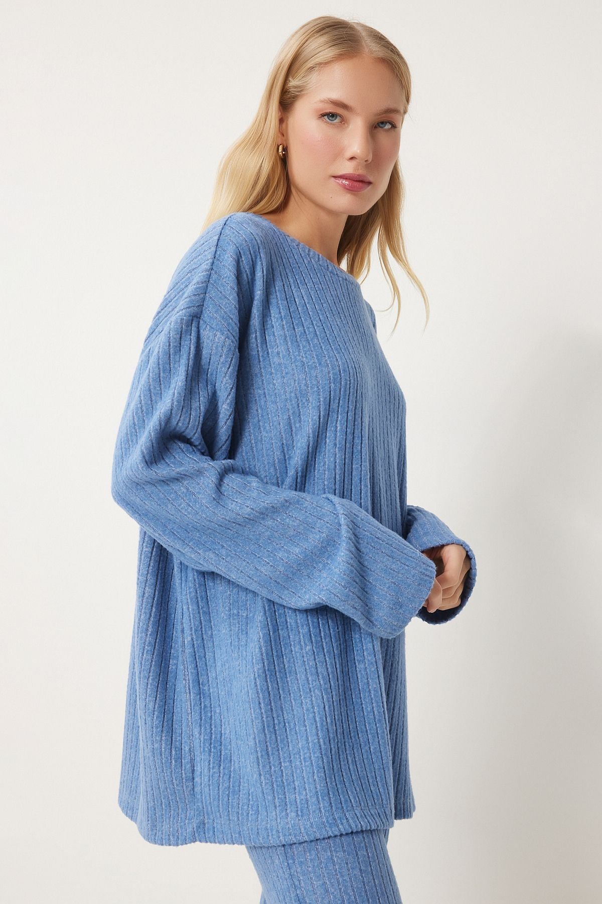 Woman Blue Casual Wick Knitting Blouse Pants Set RG00047