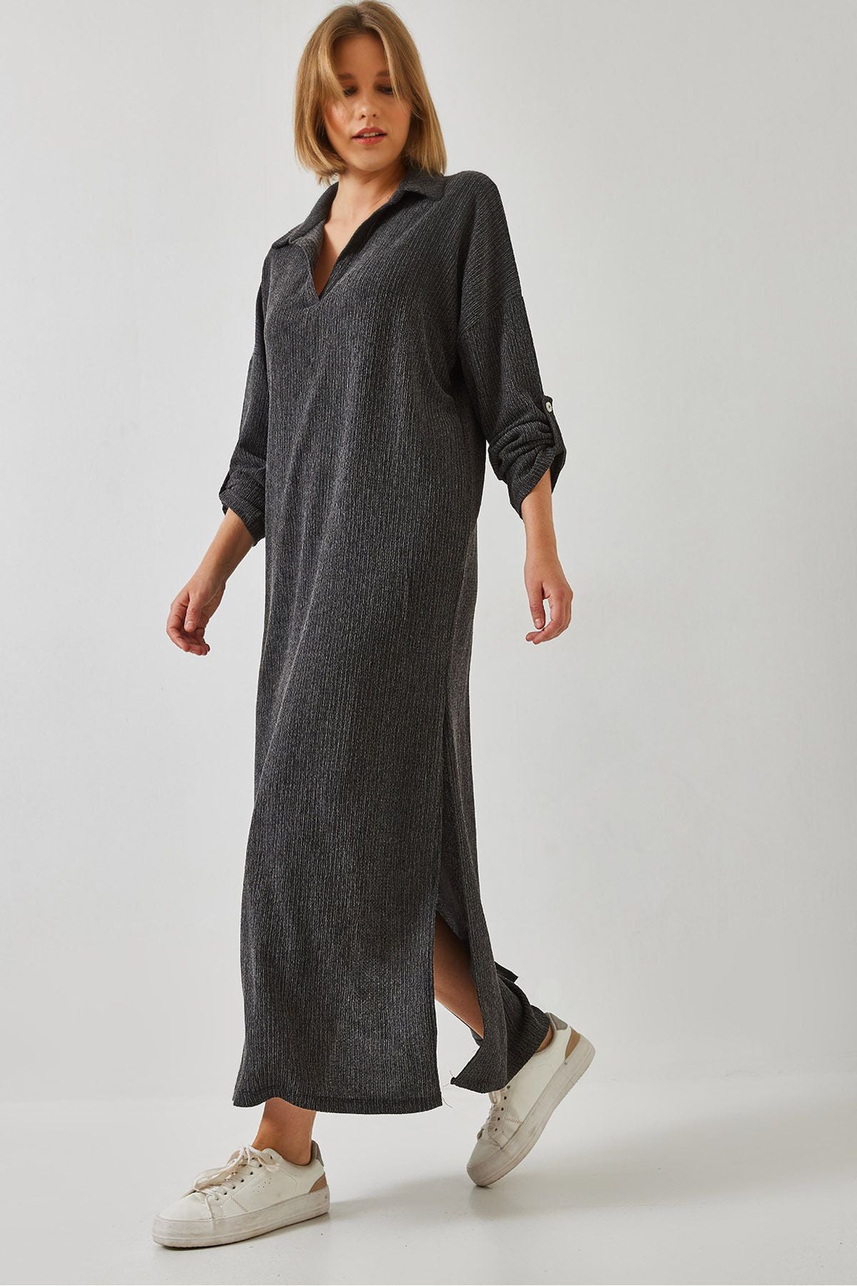 Female slit detailed arm folded dating dating dress 60261046