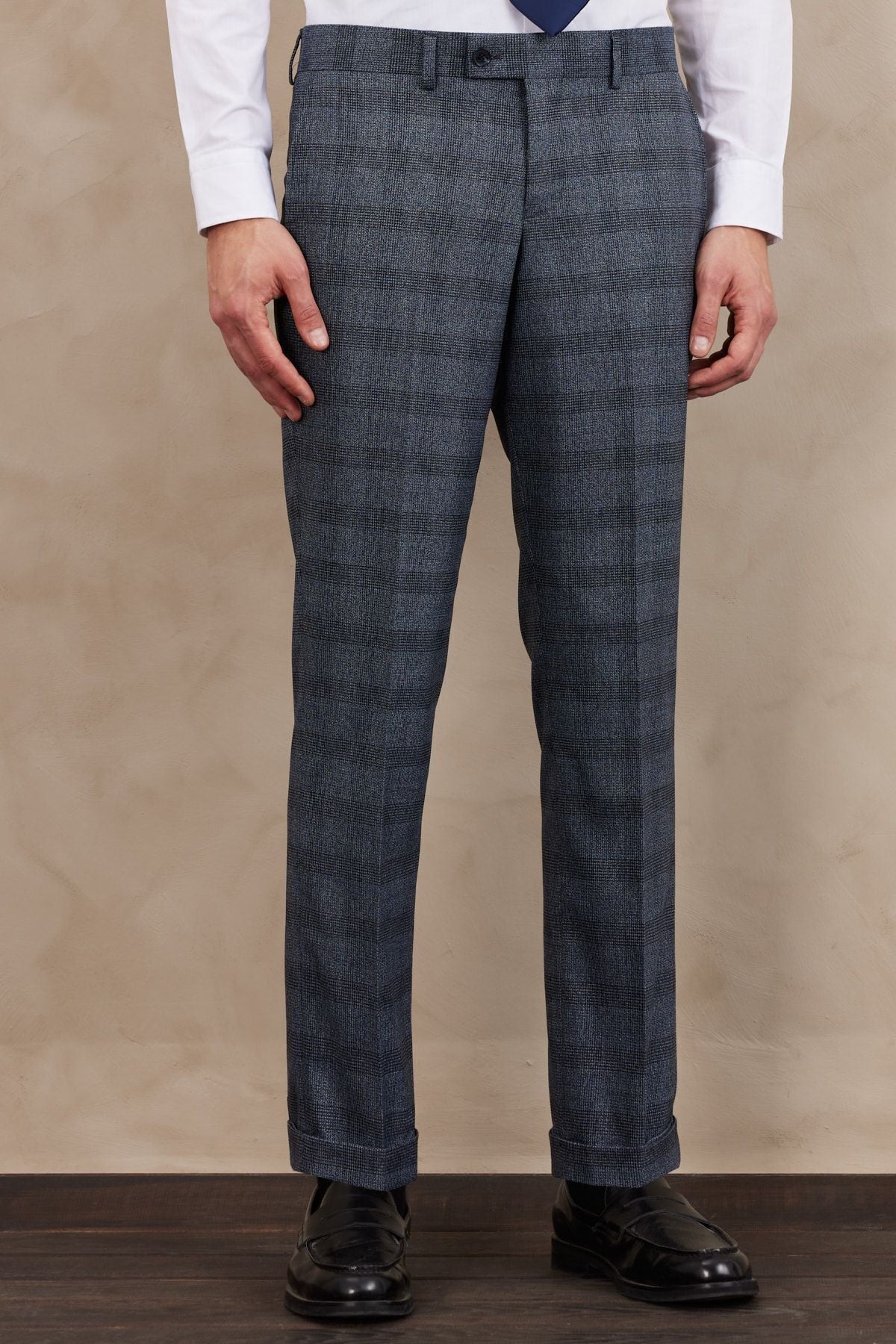 Men's Blue Slim Fit Narrow Cut Mono Yaka Ekose Patterned Double Pants Suit Suit