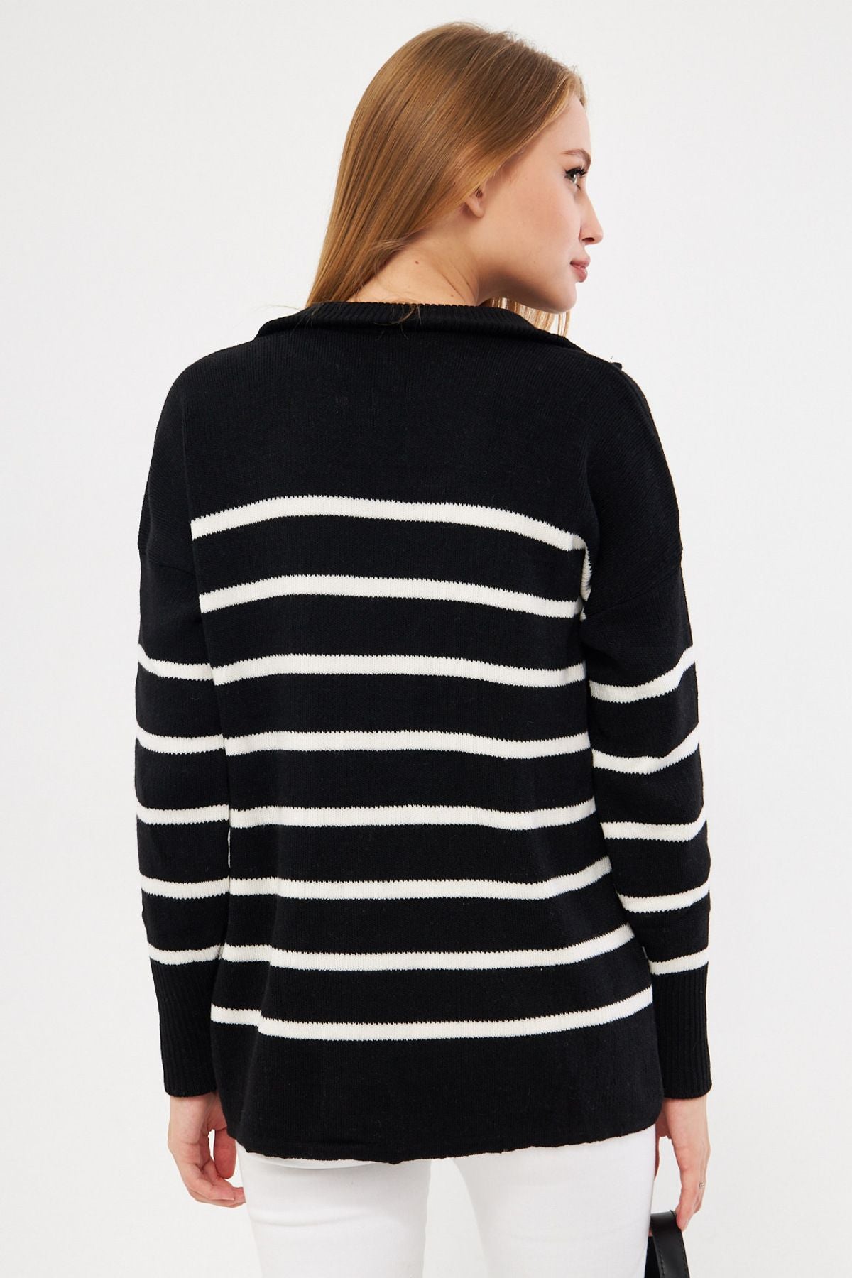 Women's Black Zipper detailed striped knitwear sweater ARM-25K069007