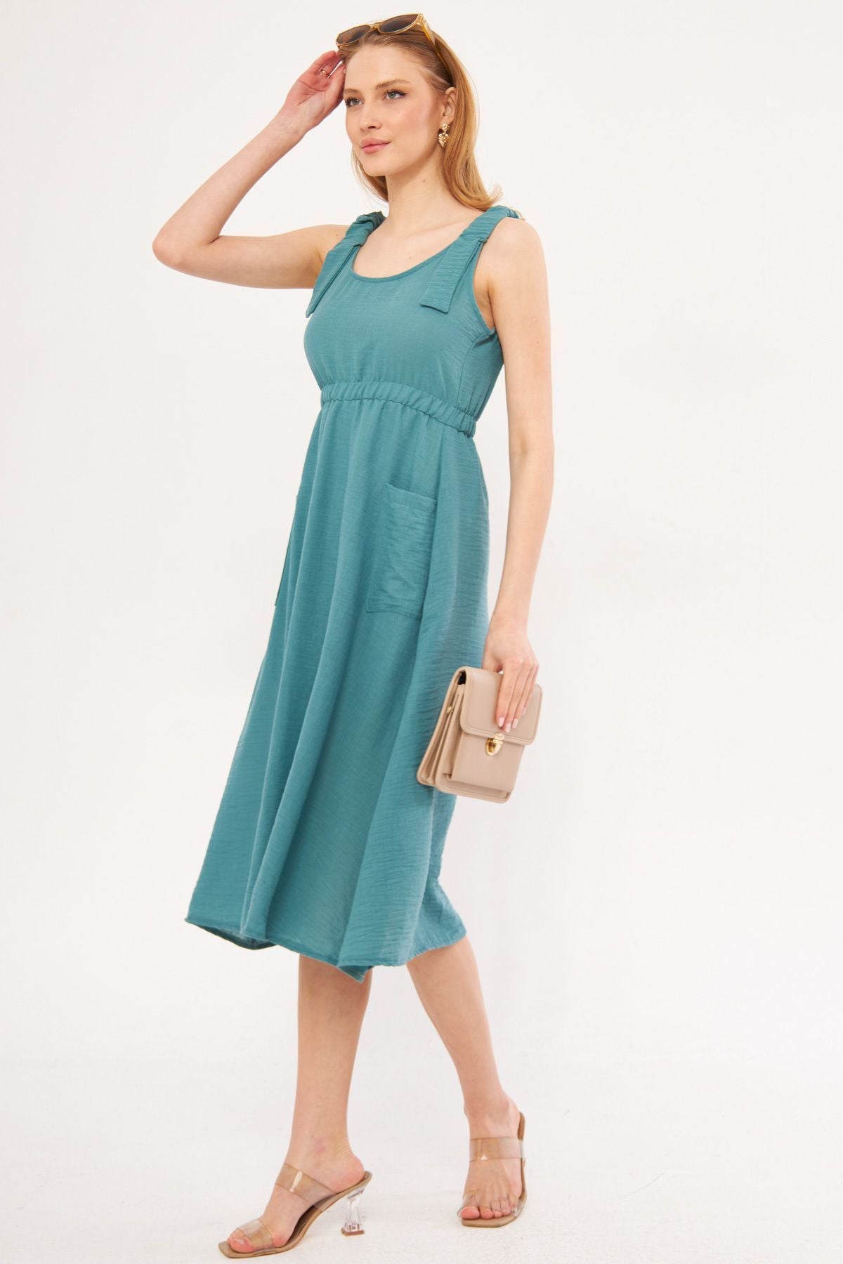 Female turquoise decatria dress waist and straps with rubber pocket linen view midi size ARM-24Y001034