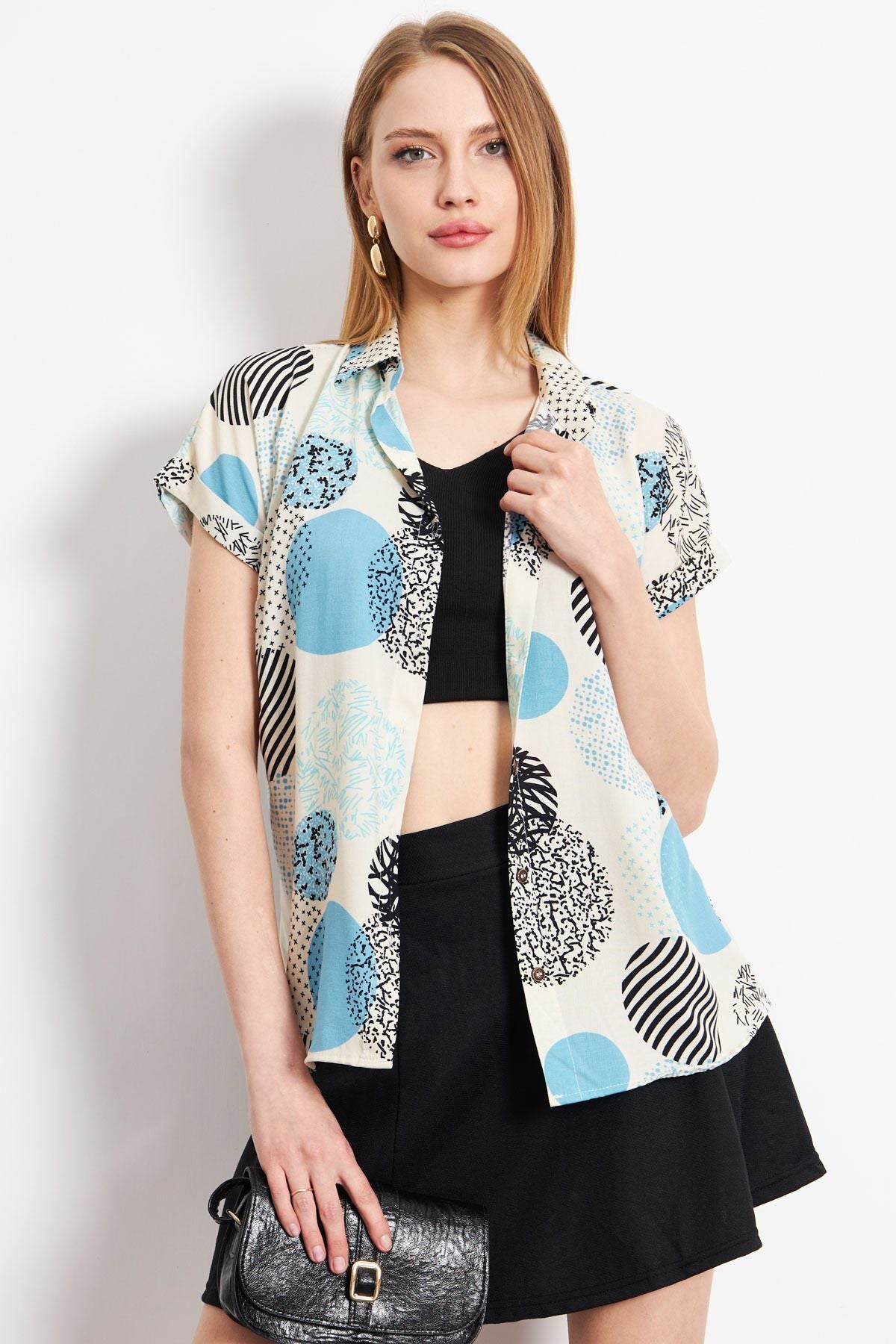 Female turquoise patterned short arm shirt ARM-221052