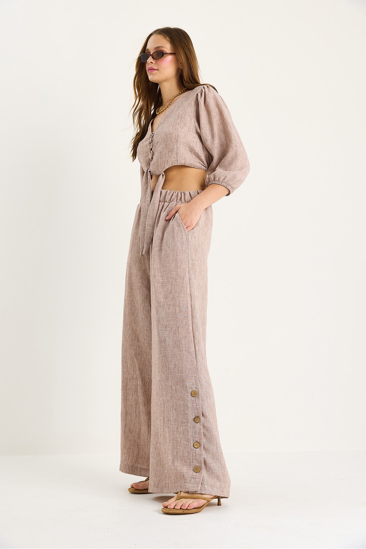 Women's Tie Detailed Blouse Lined Bottom-Top Suit with Button-Cuffed Trousers 9266 60281046