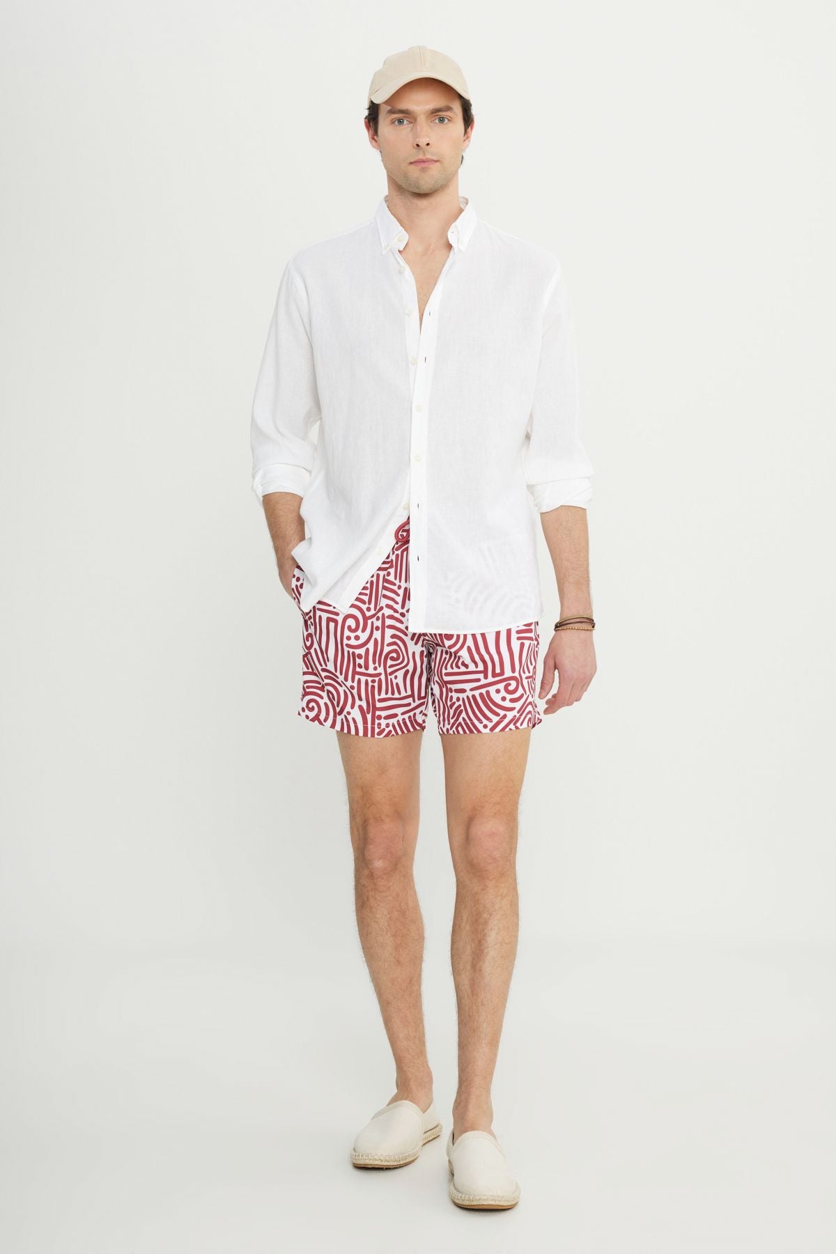 Men's White Red Standard Fit Normal Cutting Pocket Fast Drying Patterned Mayo Sea Short