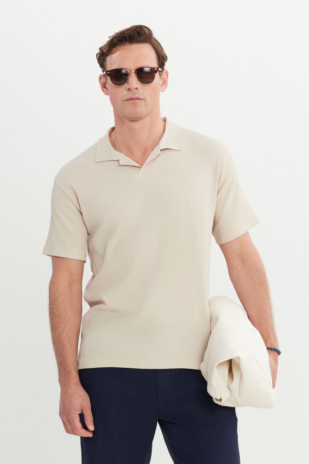 Men's Beige Relax Fit Casual Cut Polo Yaka T -shirt