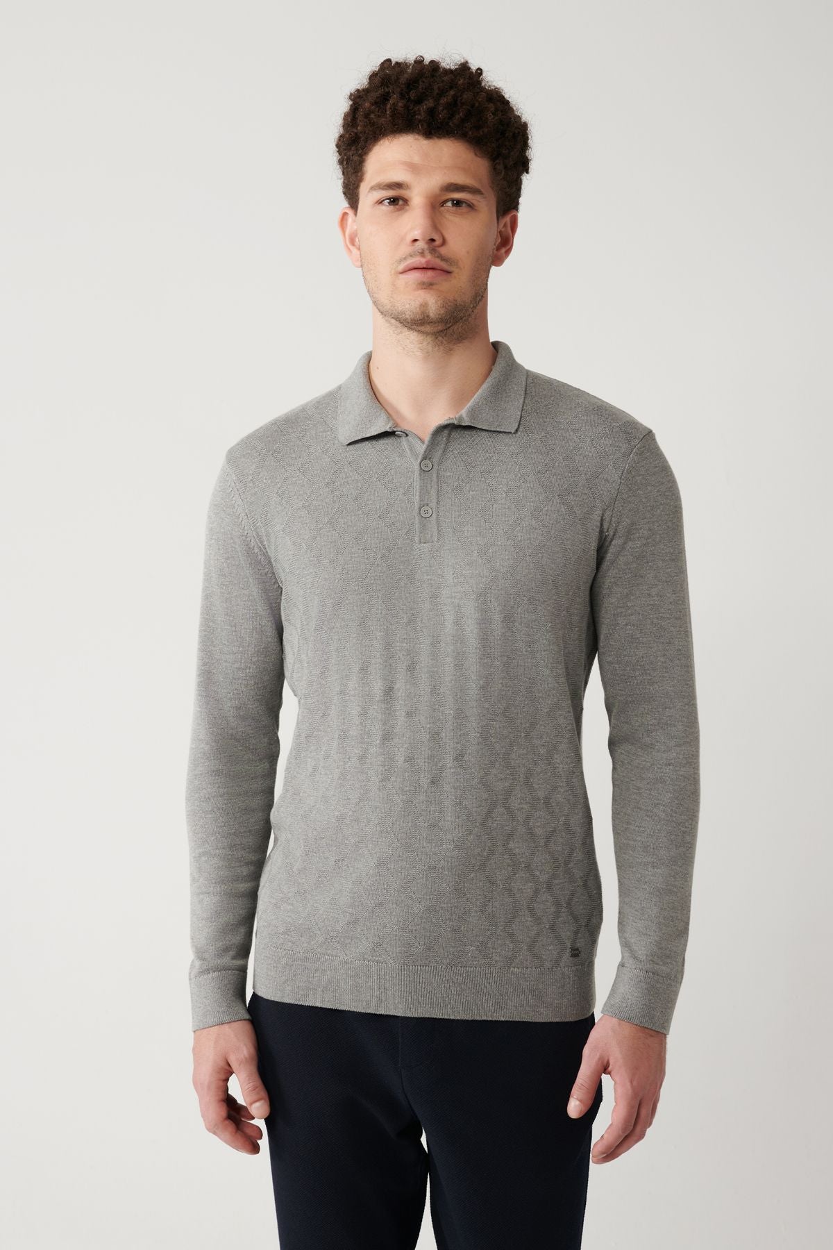 Men's gray knitwear sweater 3 button polo collar front patterned regular fit a32y5088