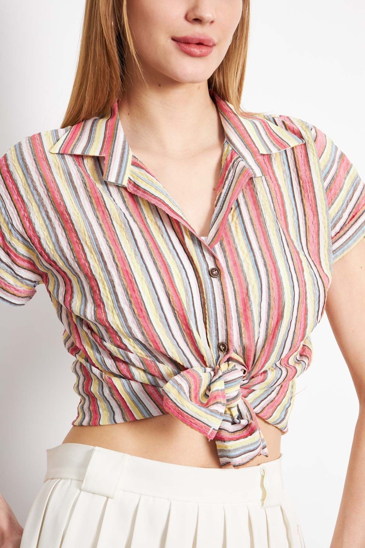 WOMEN Yellow Patterned Short Sleeve Shirt ARM-221052