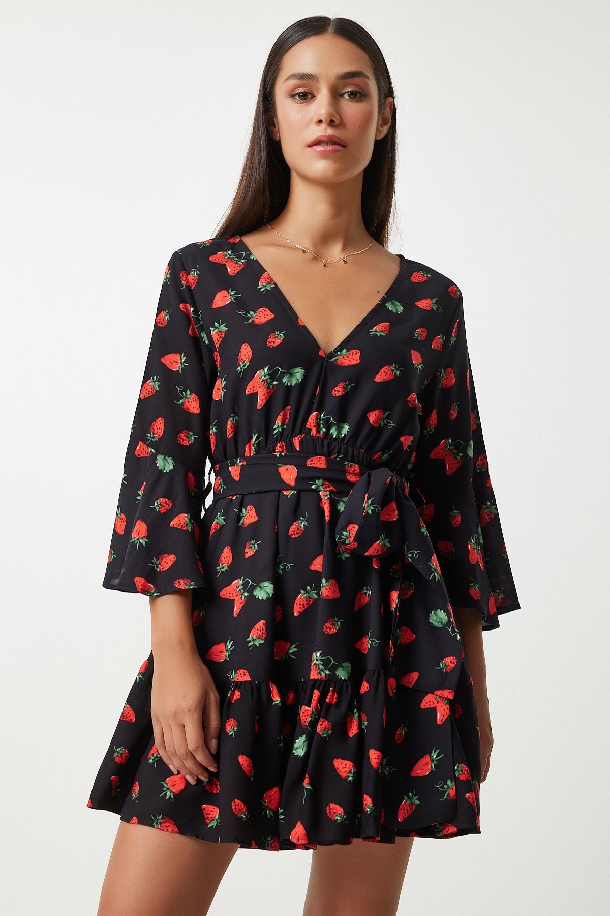 Woman Red Black Patterned Summer Viscon Clash Dress FN03202