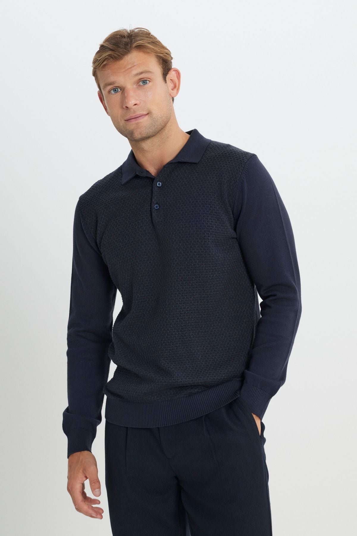 Men's Navy Blue Cotton Standard Fit Normal Cut Polico Sweater with Jacquard