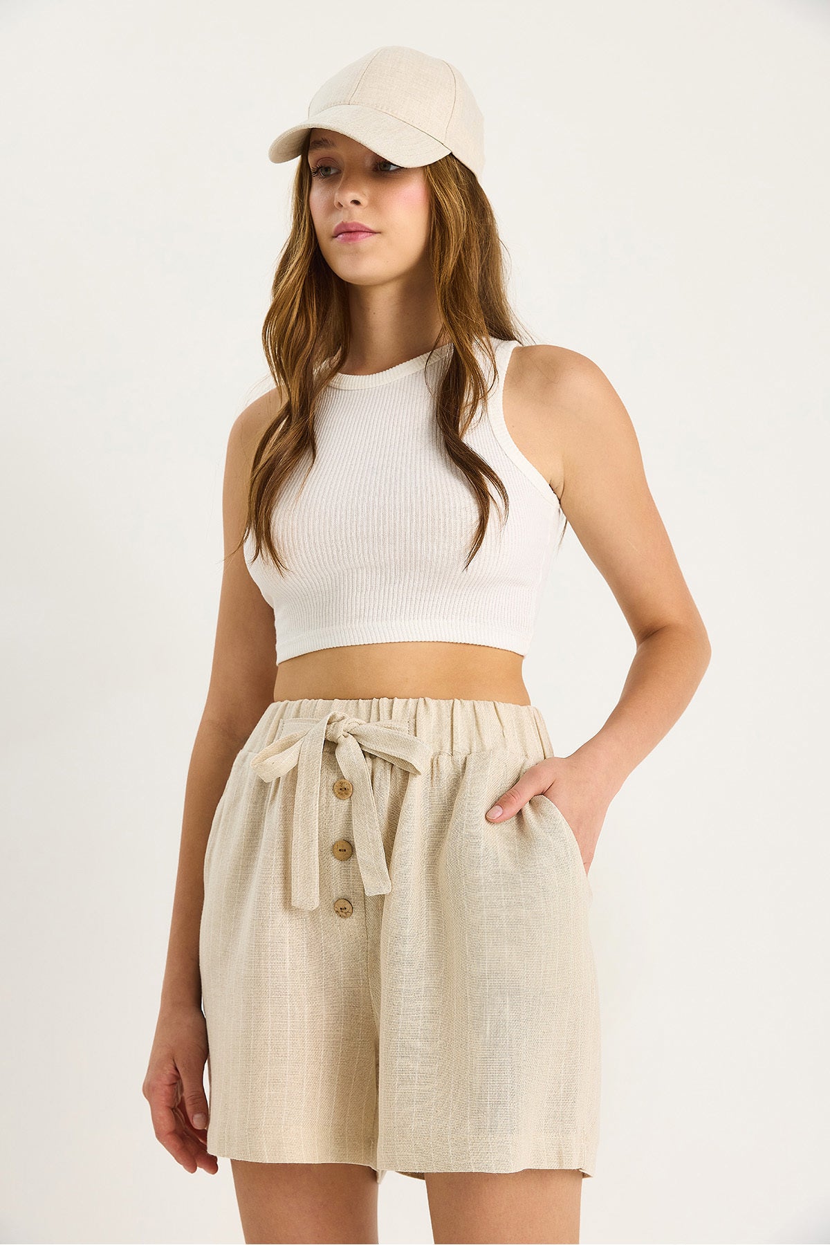 Women's Thin Striped Linen Shorts with Elastic Waist Buttons and Rope Accessories 2536 60281092