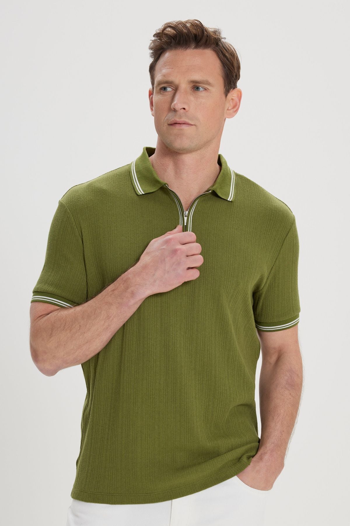Men's Khaki-Ekru standard Fit Normal Cutter Cotton striped Polo Yaka T-shirt