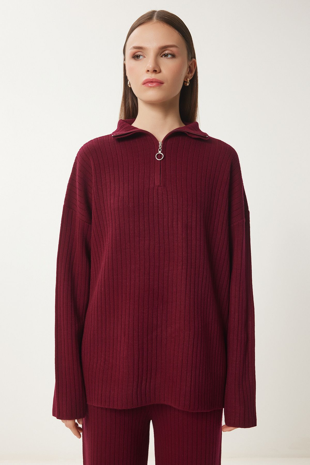 Female Bordeaux Zippered Cry Sweater Pants Set PF00105