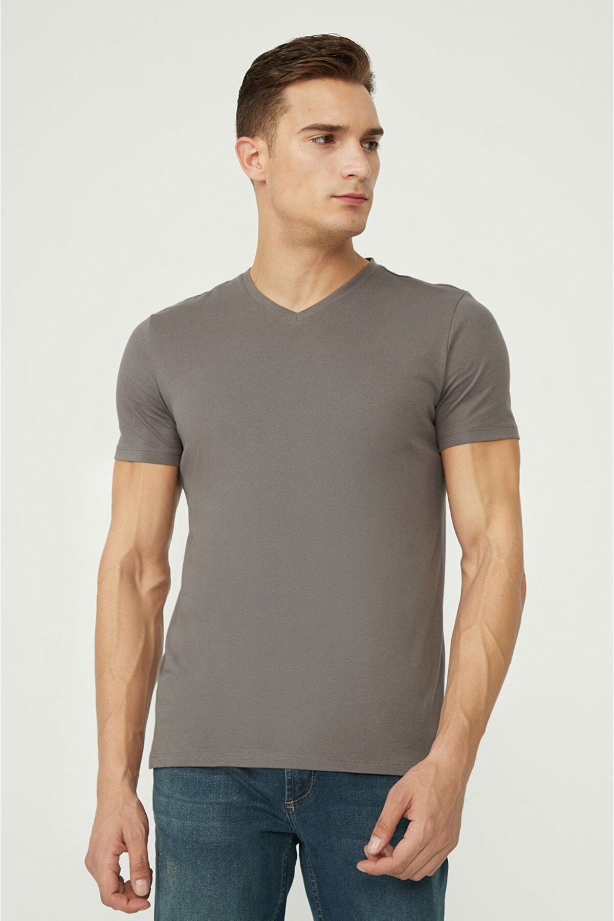 Men's anthracite 100 %cotton V-neck T-shirt E001001