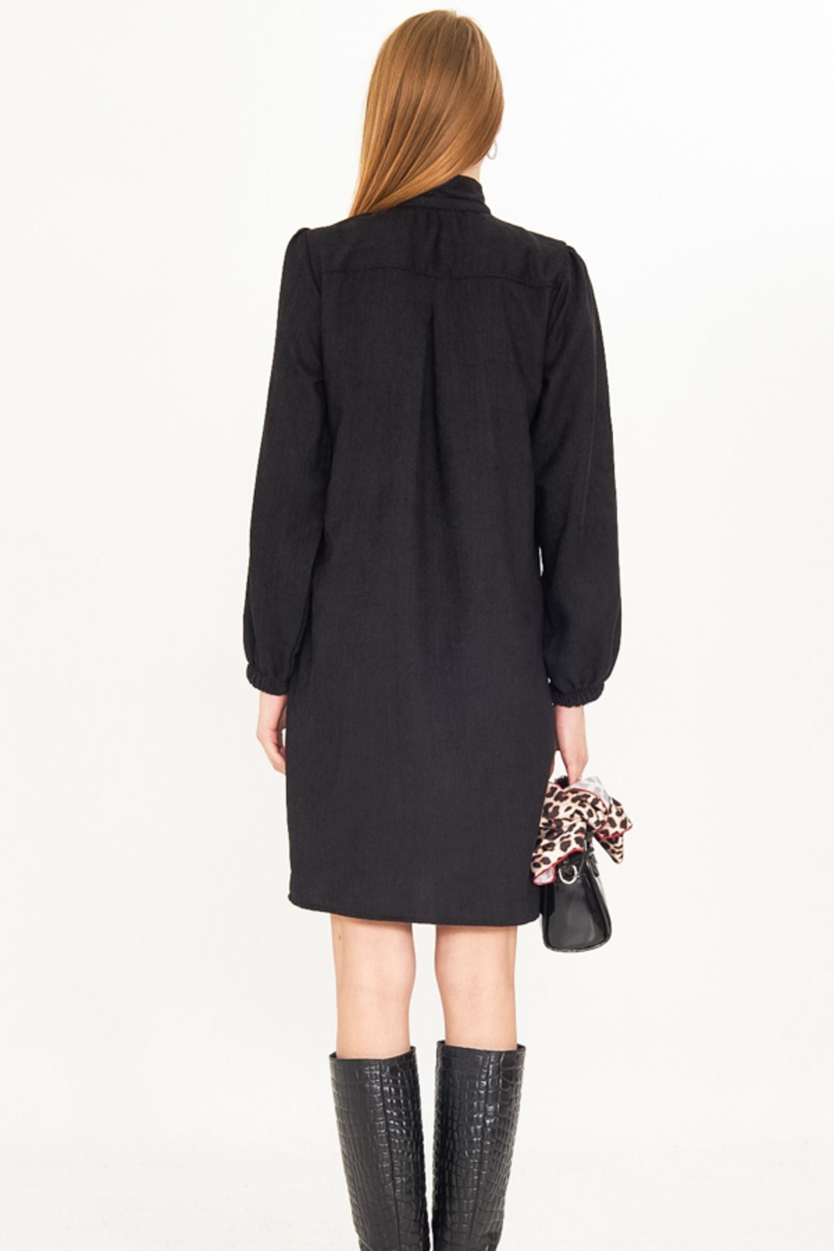 Female black collar connecting arms tire velvet dress ARM-25K001087