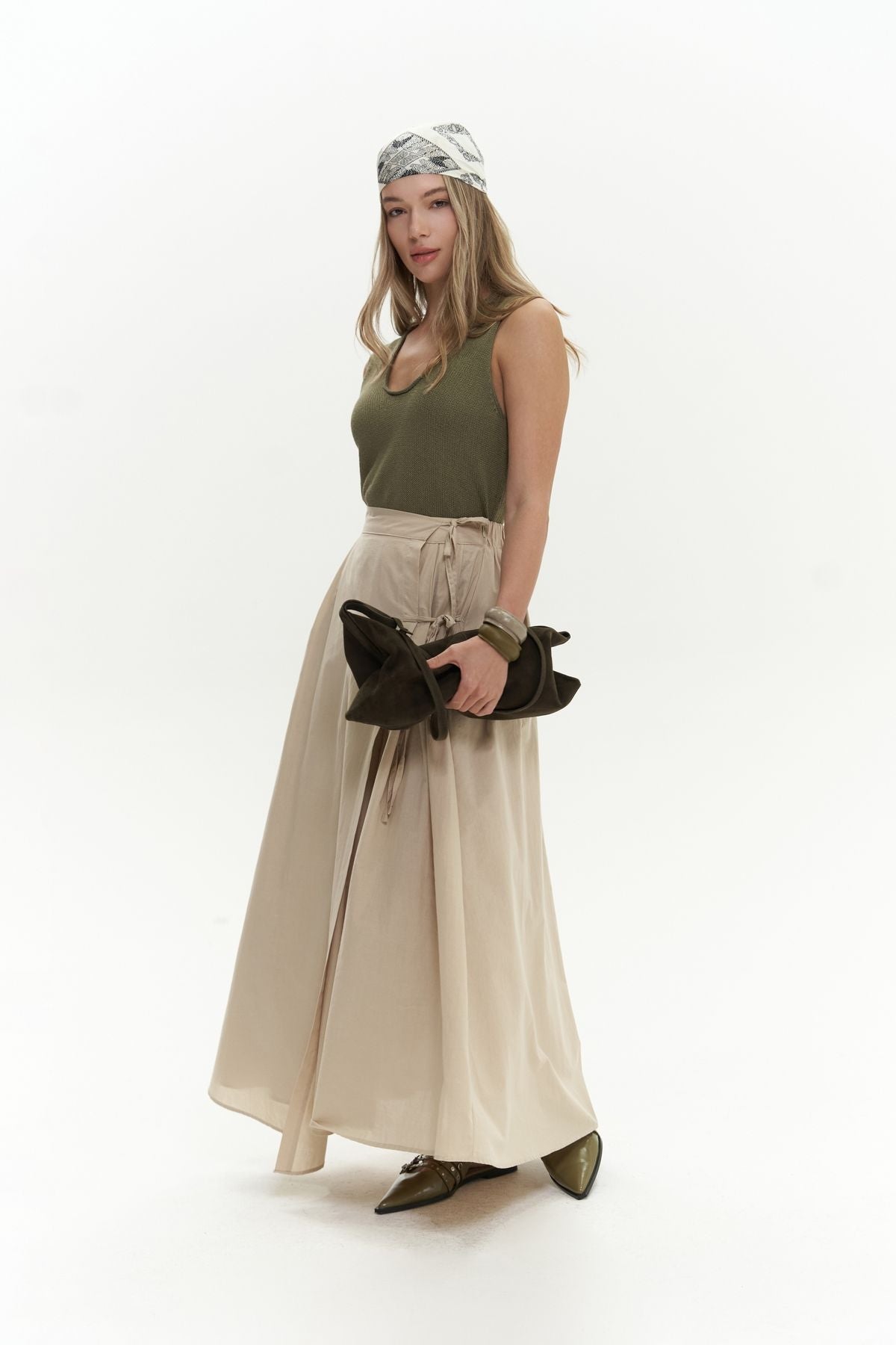 Aida rope detail pleated beige skirt
