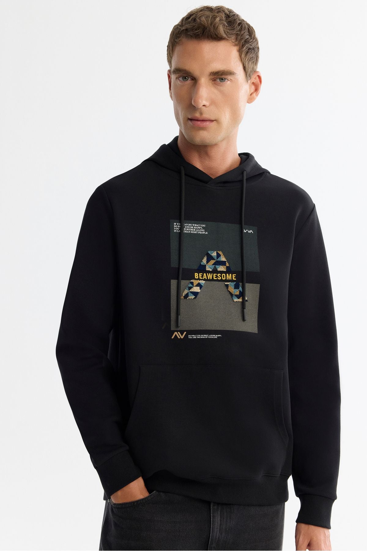 Men's black hooded cotton printed elastan sweatshirt a42y1321