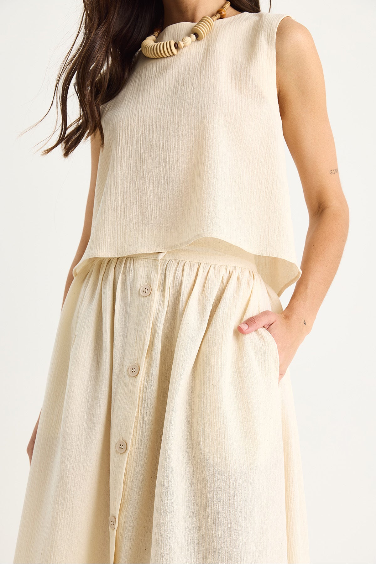 Women's Thick Strap Short Blouse Button Detailed Flared Long Skirt Linen Bottom-Top Set 9322 60281055