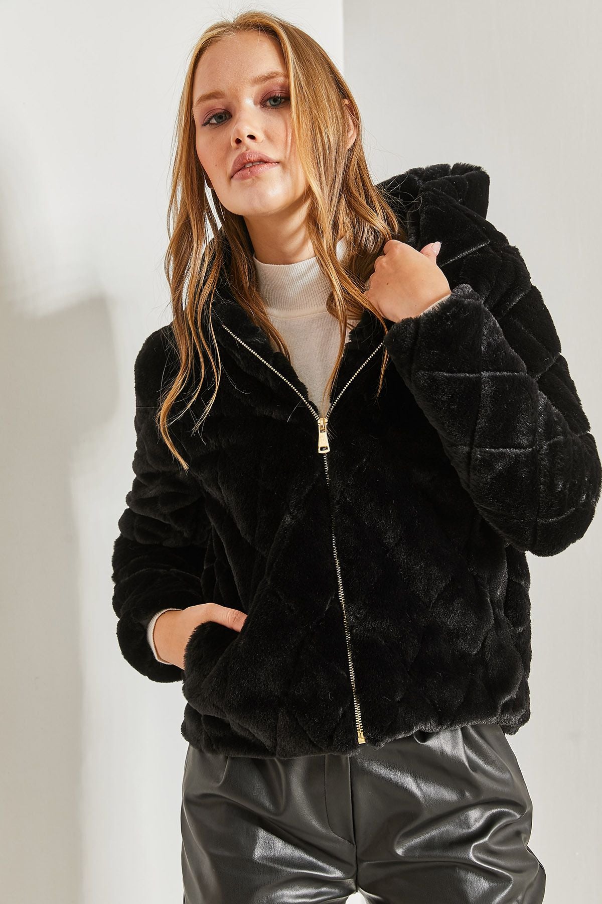 Female hooded quilted plush coat