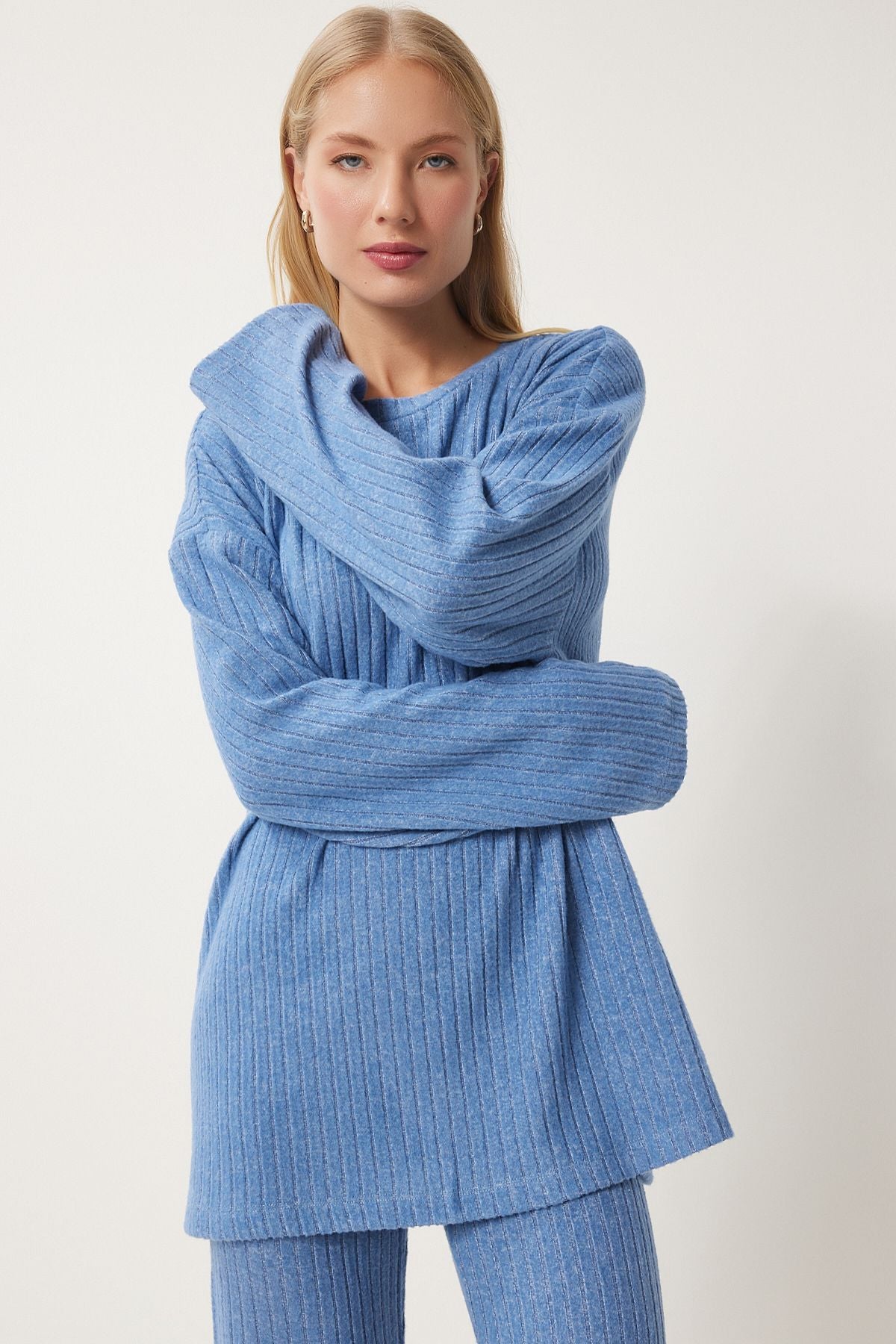 Woman Blue Casual Wick Knitting Blouse Pants Set RG00047