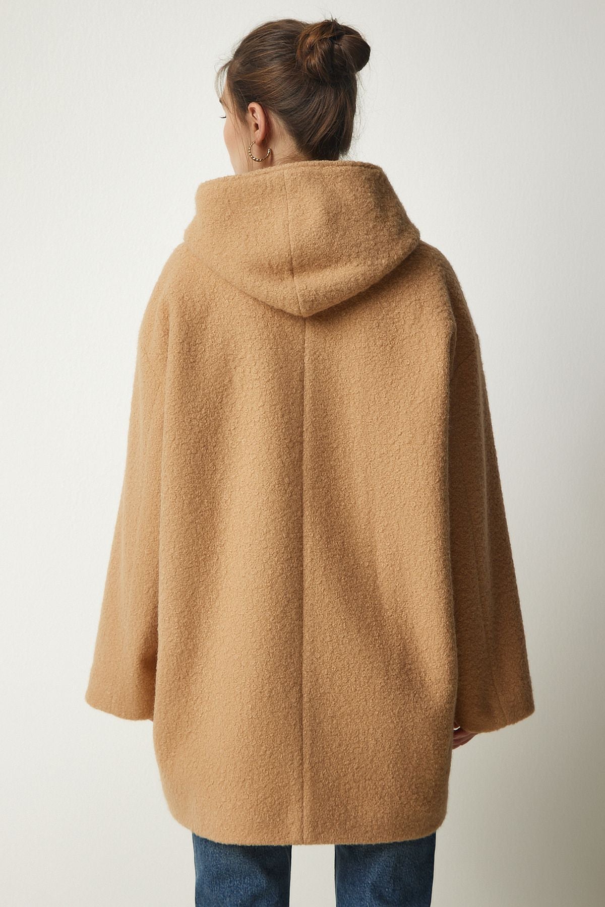 Female Biscuit Shepherd Buttoned Hooded Bouquet Coat to00117