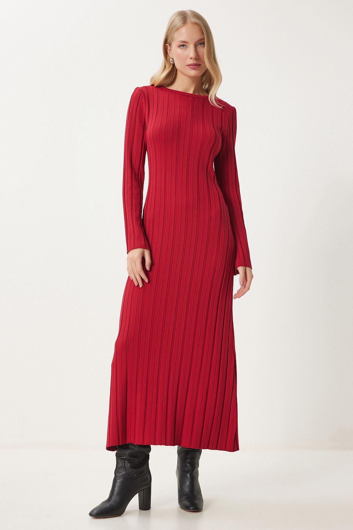 Woman Red Belt Remvous Long Knitwear Dress Ki00108