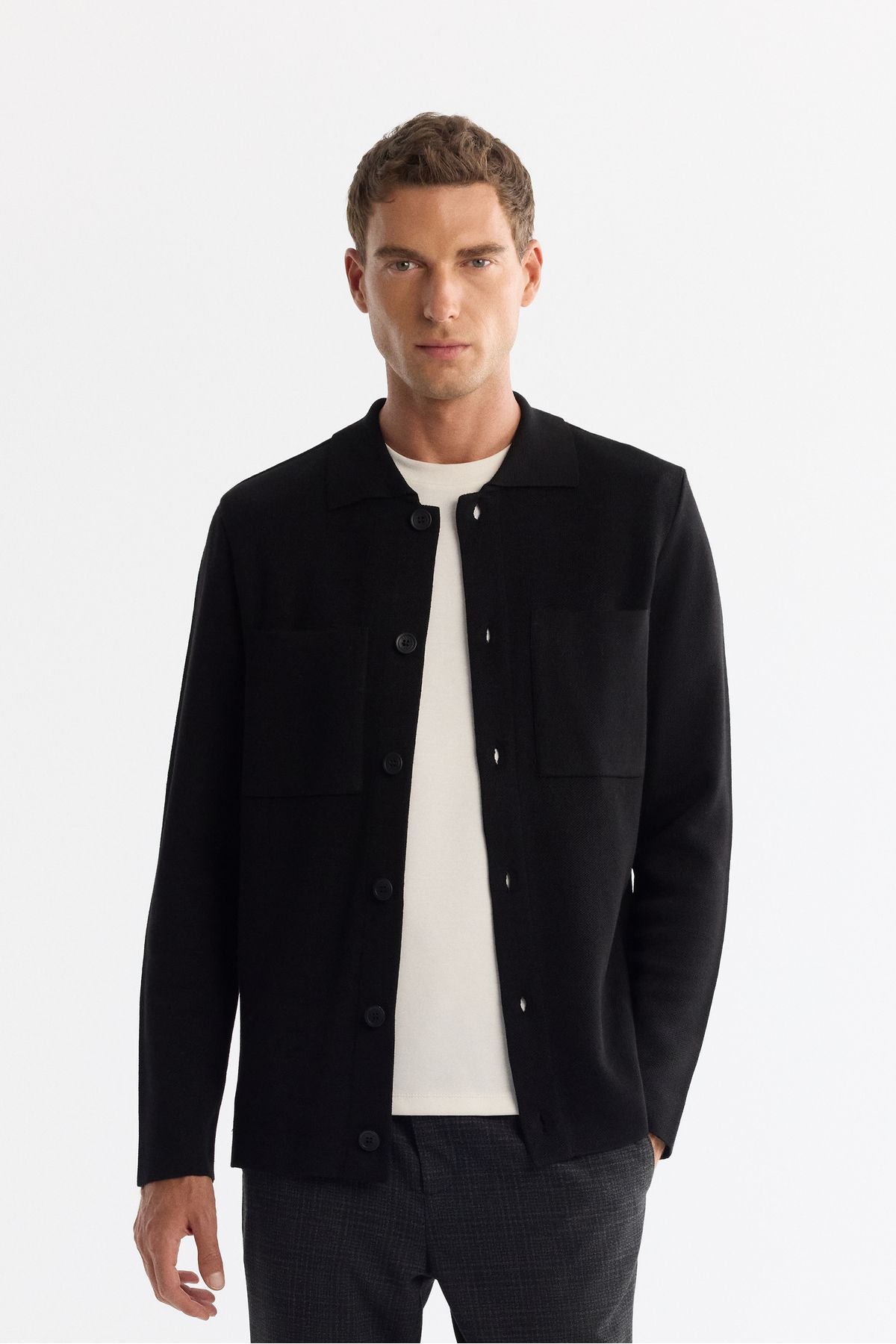 Men's black polo collar button woolen cardigan A42Y5048