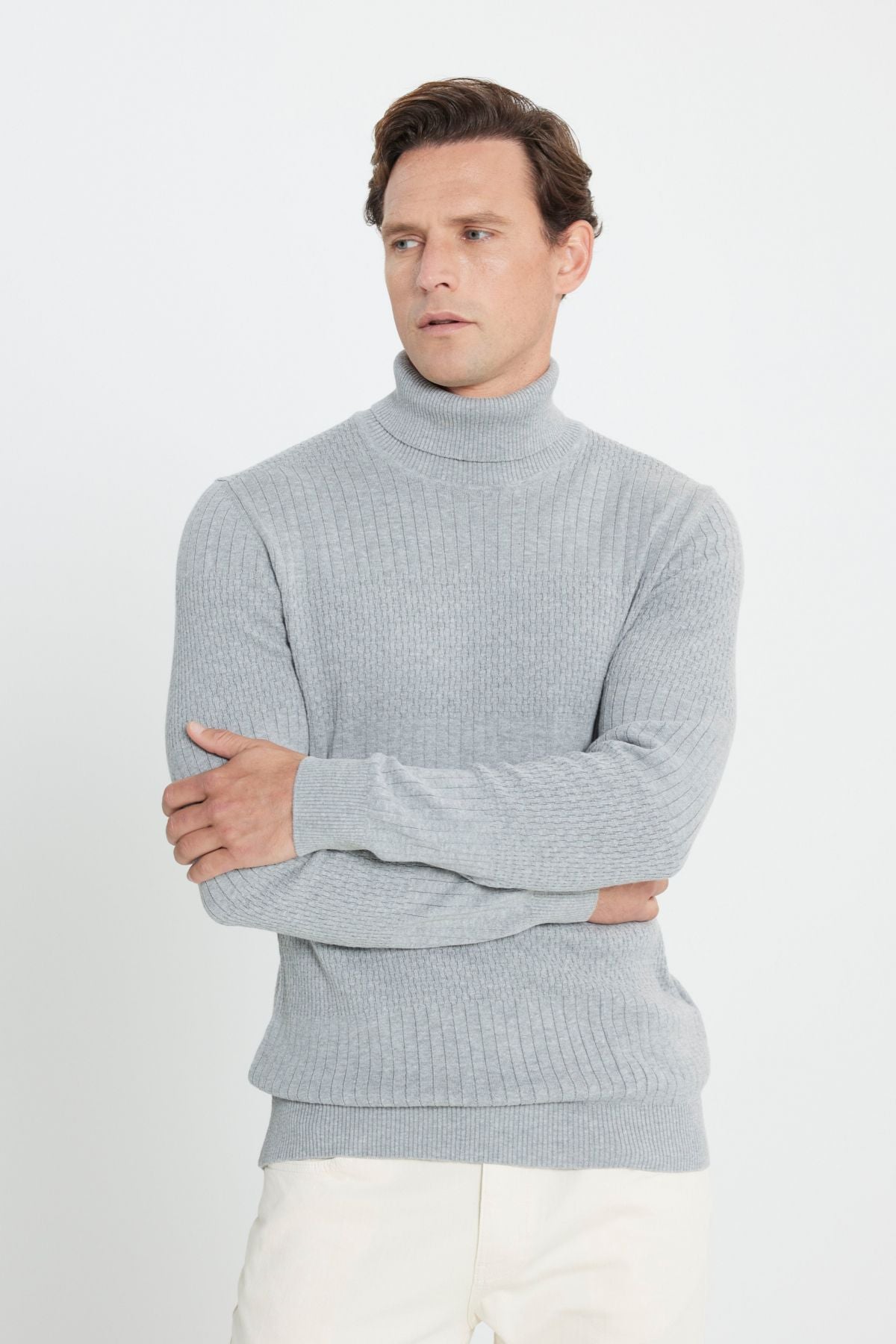 Men's Gray Melanj Standard Fit Normal Cut Full Fisherman Cotton Cotton Jacquari Knitwear Sweater