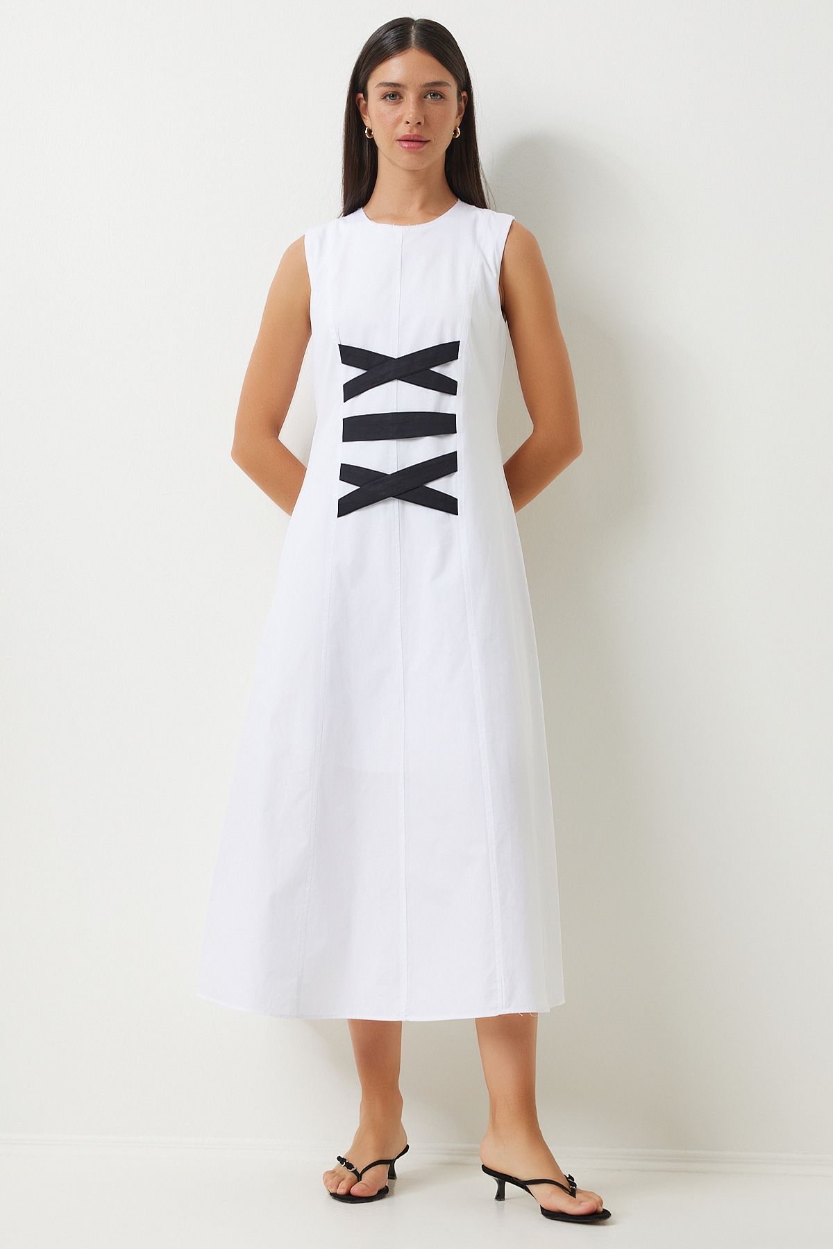 Woman White Black Ribbon Detailed Tok Poplin Dress AN00202