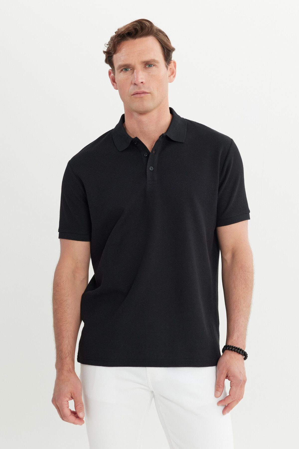 Men's Black Cotton Standard Fit Normal Cut Patterned Polo Yaka T -shirt