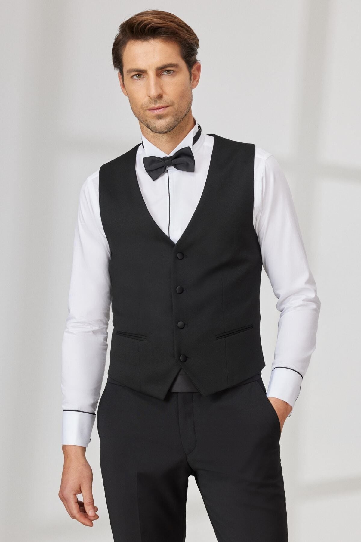 Men's Black Slim Fit Narrow Cut V -Neck Classic Vest