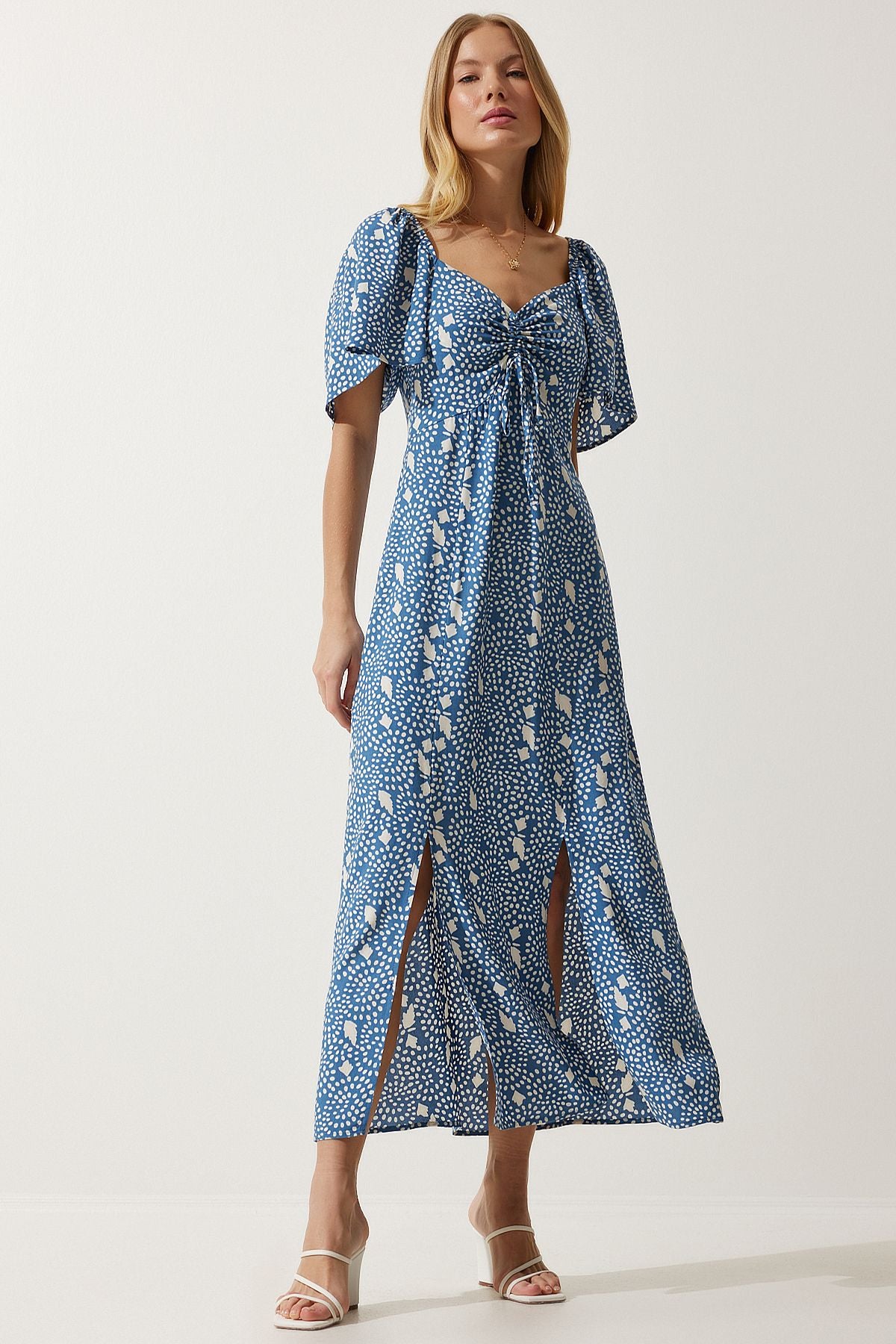 WOMEN INDIGO BLUE SPRING DETAILED VISKON DRESS UB00247