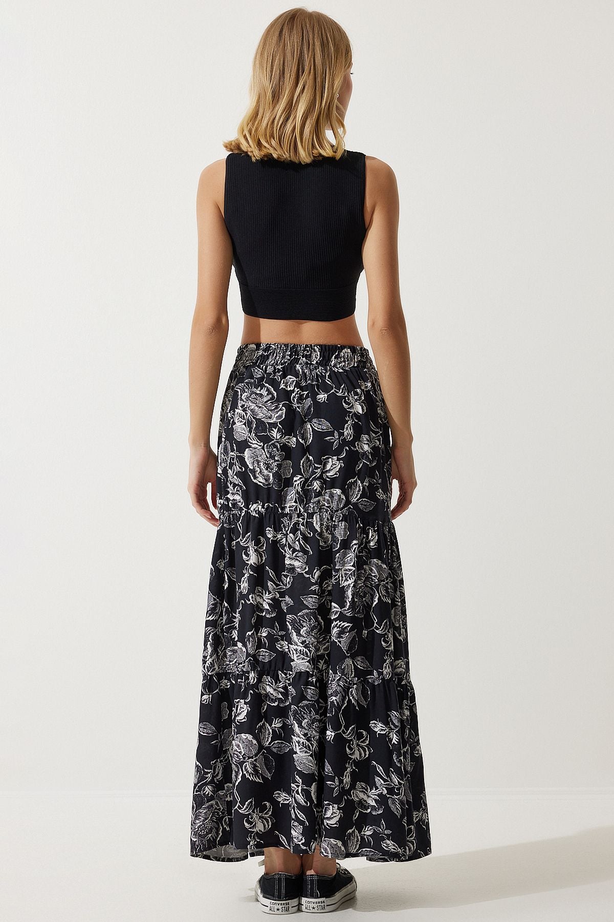 Female Black Flower Patterned Volan Viscose Skirt DD01310