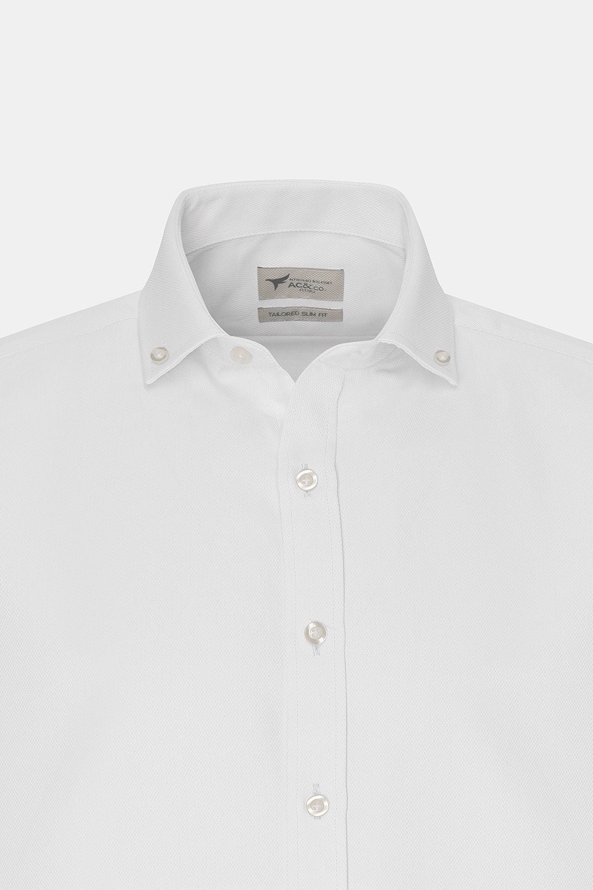 Men's white easy ironable slim fit narrow cut Oxford buttoned collar Acolved cotton shirt
