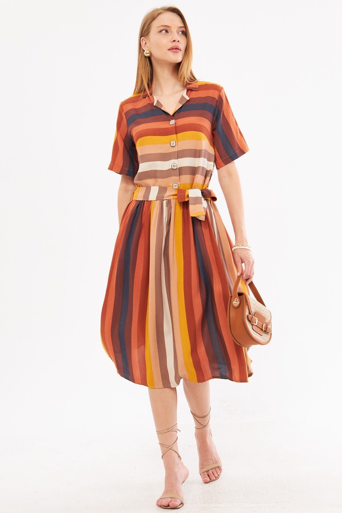 Female colorful front buttoned waist shirred belt midi size dress ARM-24Y001068