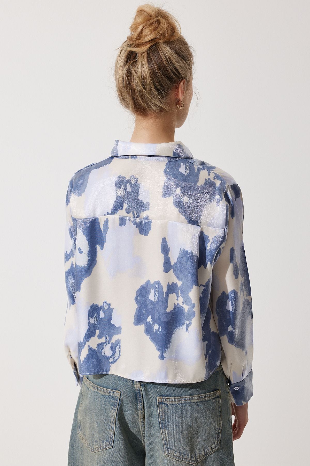Women's Blue Patterned Satin Surface Short Shirt CR00435