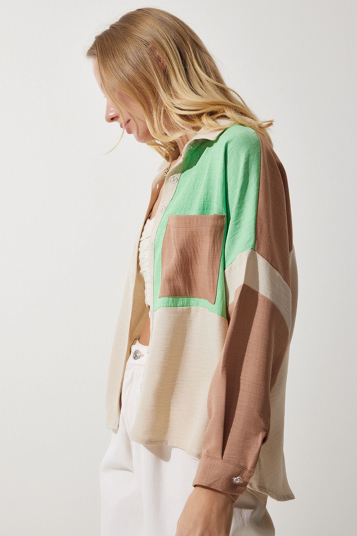 Female Beige Green Block Colorful Linen Shirt TP00030