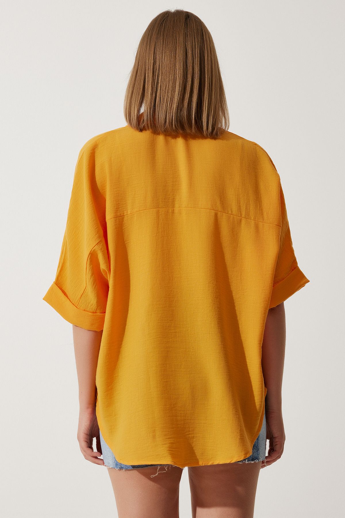 Female Orange Embroidered Pocket Oversizle Linen Ayrrin Shirt RG00031