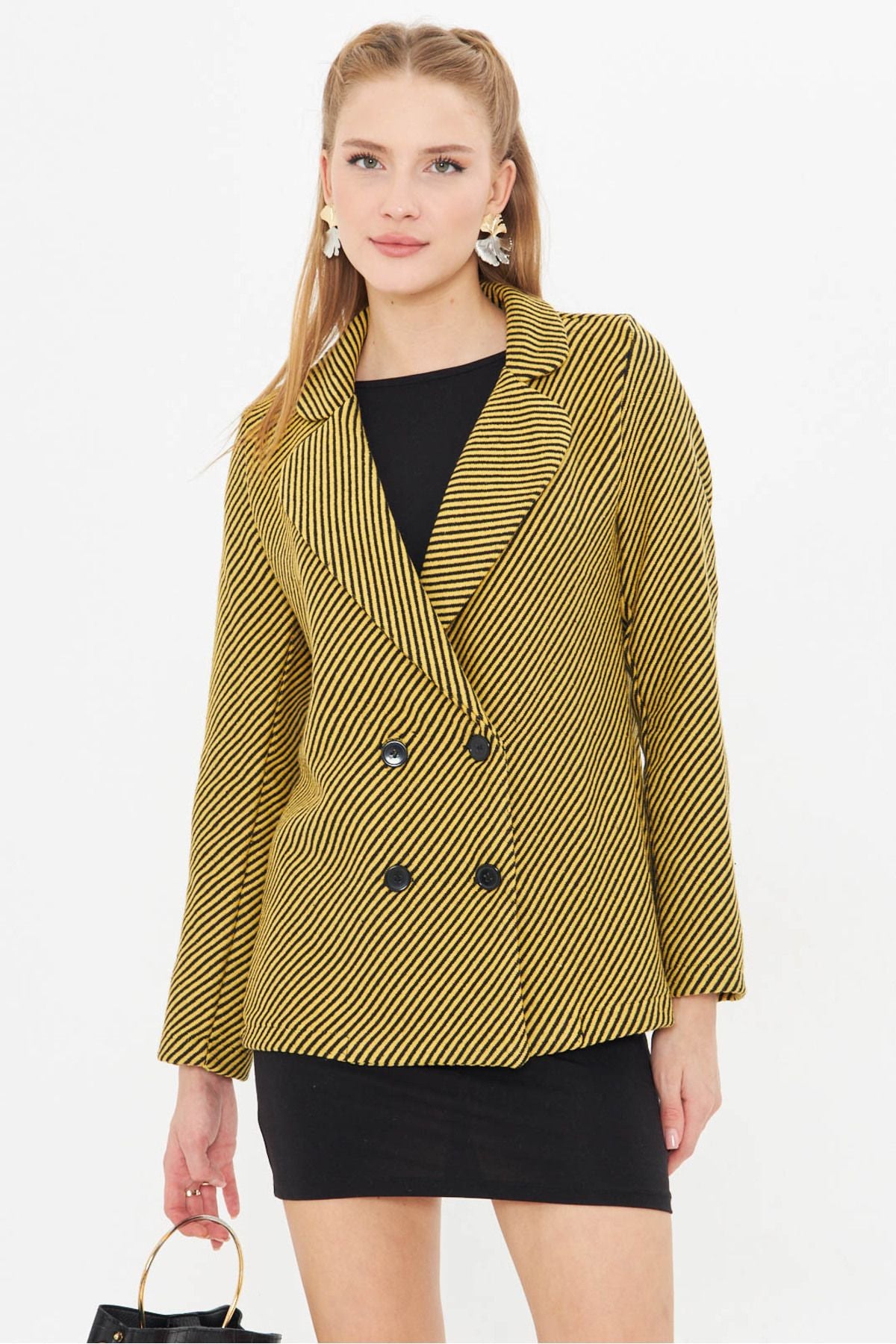 Woman Yellow Line Patterned Four button stamp jacket ARM-24K001037